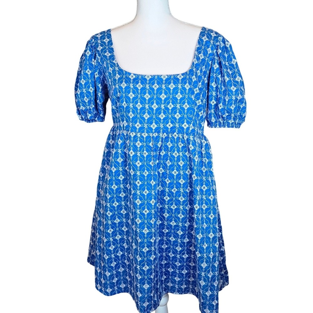 Rhode x Target Cotton Embroidered Empire Waist Puff Sleeve Blue Boho Mini Dress